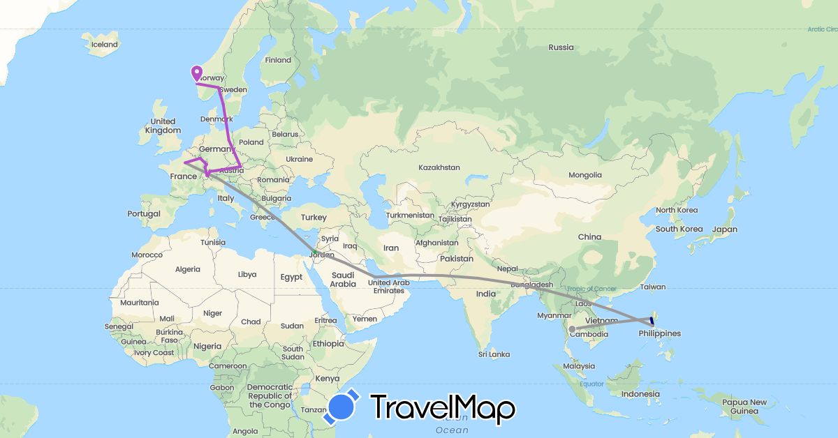 TravelMap itinerary: driving, bus, plane, train in Austria, Bahrain, Switzerland, Germany, Denmark, France, Israel, Luxembourg, Norway, Philippines, Palestinian Territories, Sweden, Thailand (Asia, Europe)